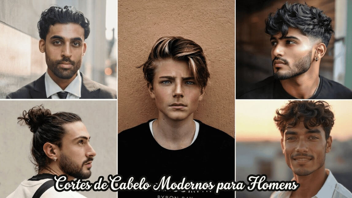Colagem com tendências de cortes de cabelo masculino 2026: man bun, degradê texturizado, cabelo ondulado e estilos modernos para homens.
