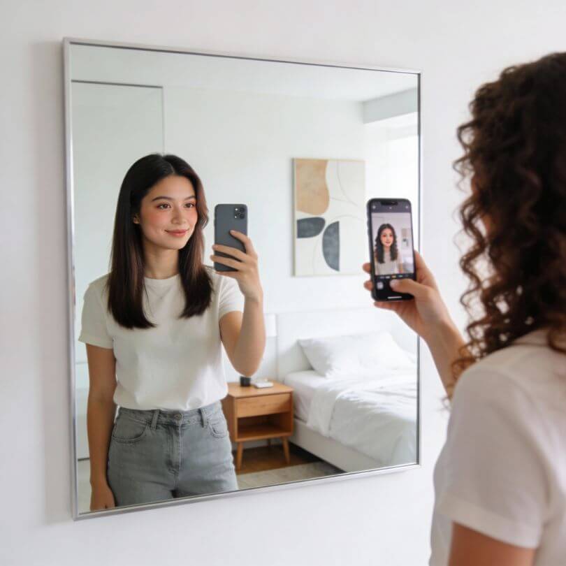 Frau fotografiert ihr Spiegelbild mit Smartphone, Reflexion im Wandspiegel zeigt andere Pose als Realität