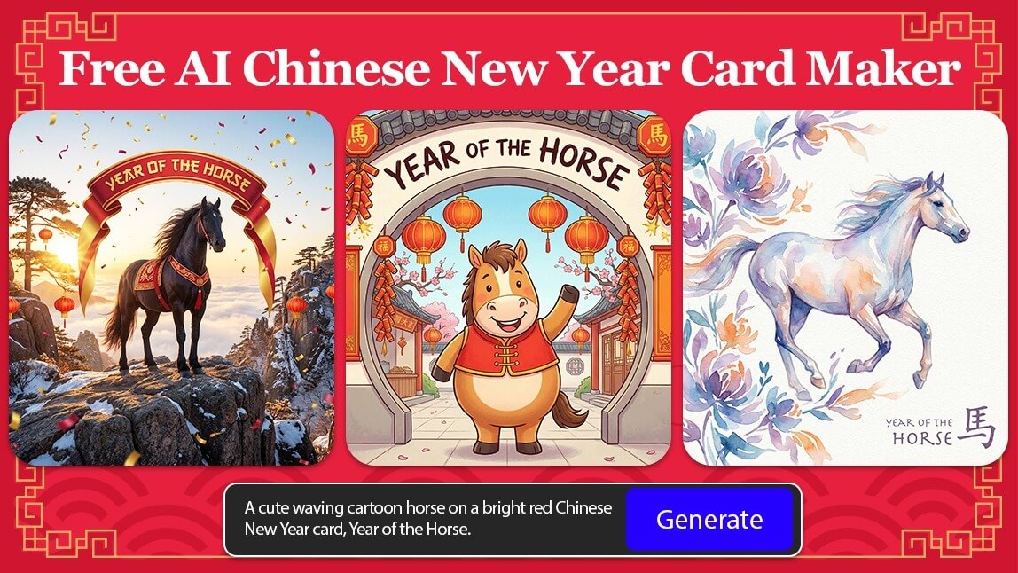 Free AI Chinese New Year Card Maker banner showing custom Year of the Horse greeting cards in realistic, cartoon, and watercolor styles.