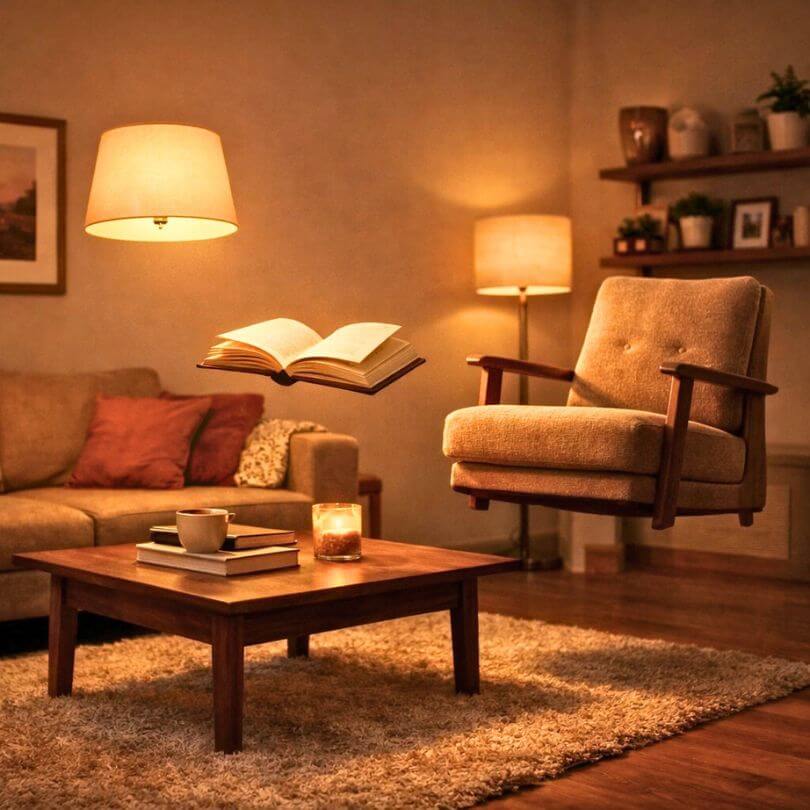 Gemütliches Wohnzimmer mit Sessel und Lampen, offenes Buch schwebt über Couchtisch, warmes Licht