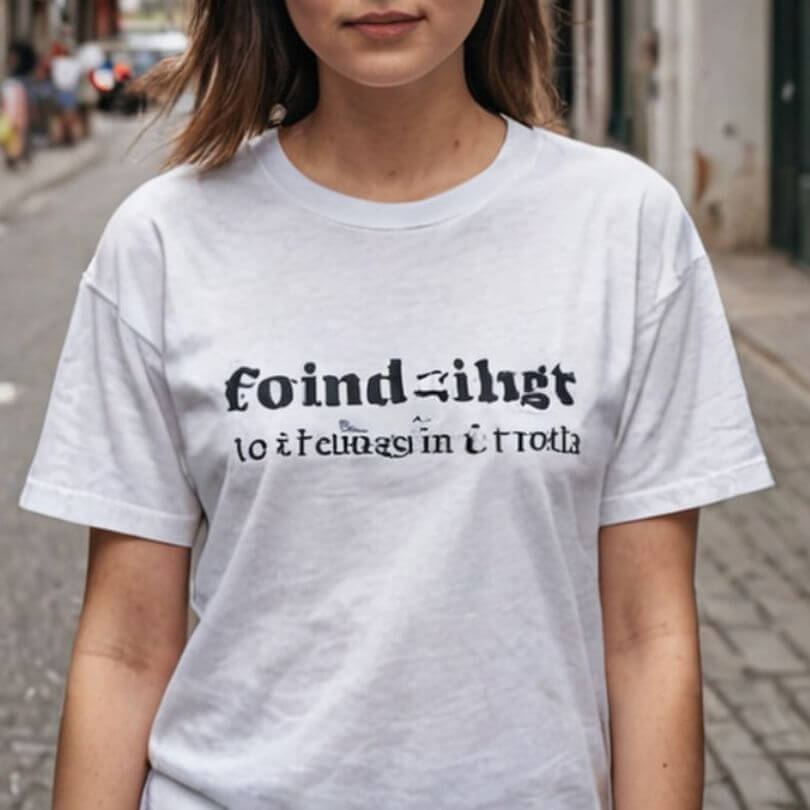Person in weißem T-Shirt mit unlesbarem Text-Print, Buchstaben-ähnliche Symbole ergeben keinen Sinn, Straßenhintergrund