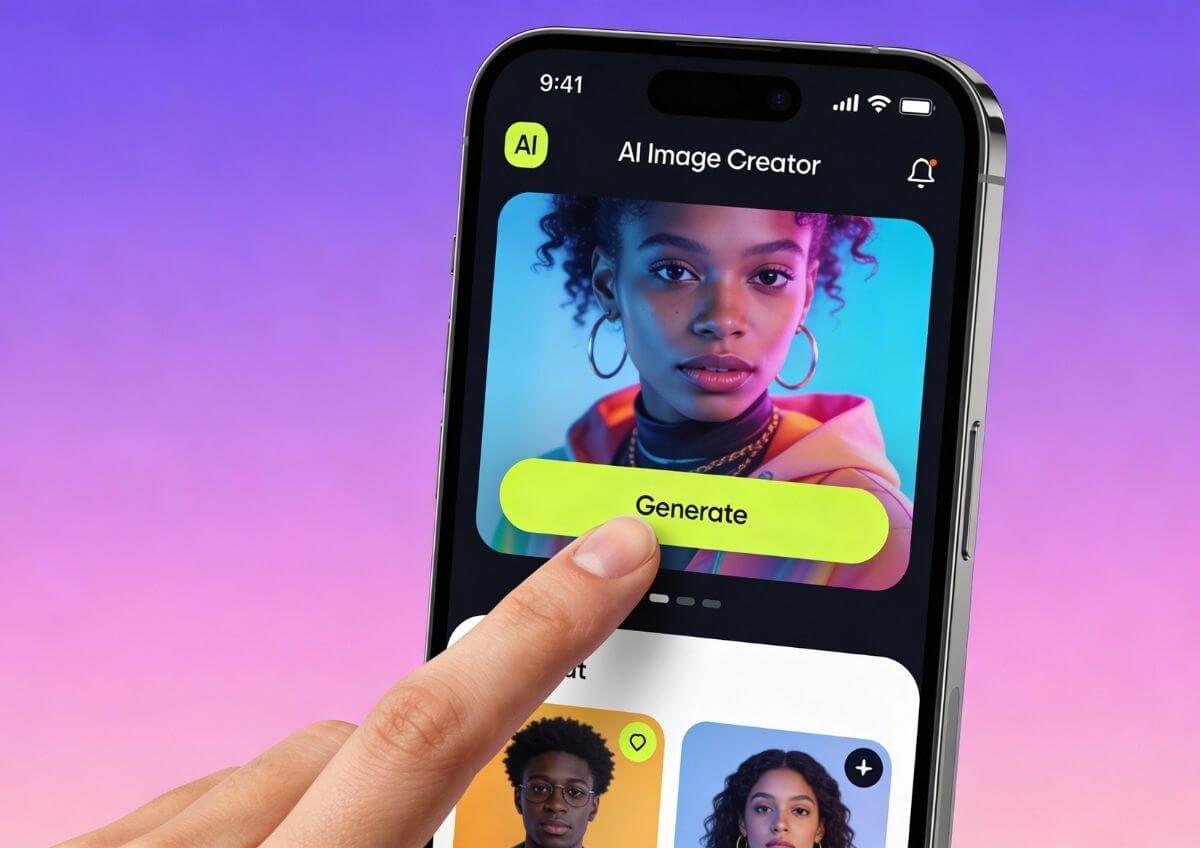 AI Image Creator App Interface – KI-Bilder erstellen mit Generate-Button auf Smartphone