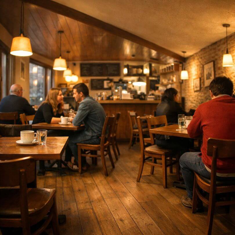 Café-Innenraum mit Holztischen und Stühlen, Menschen sitzen verteilt, Perspektivlinien laufen in verschiedene Richtungen
