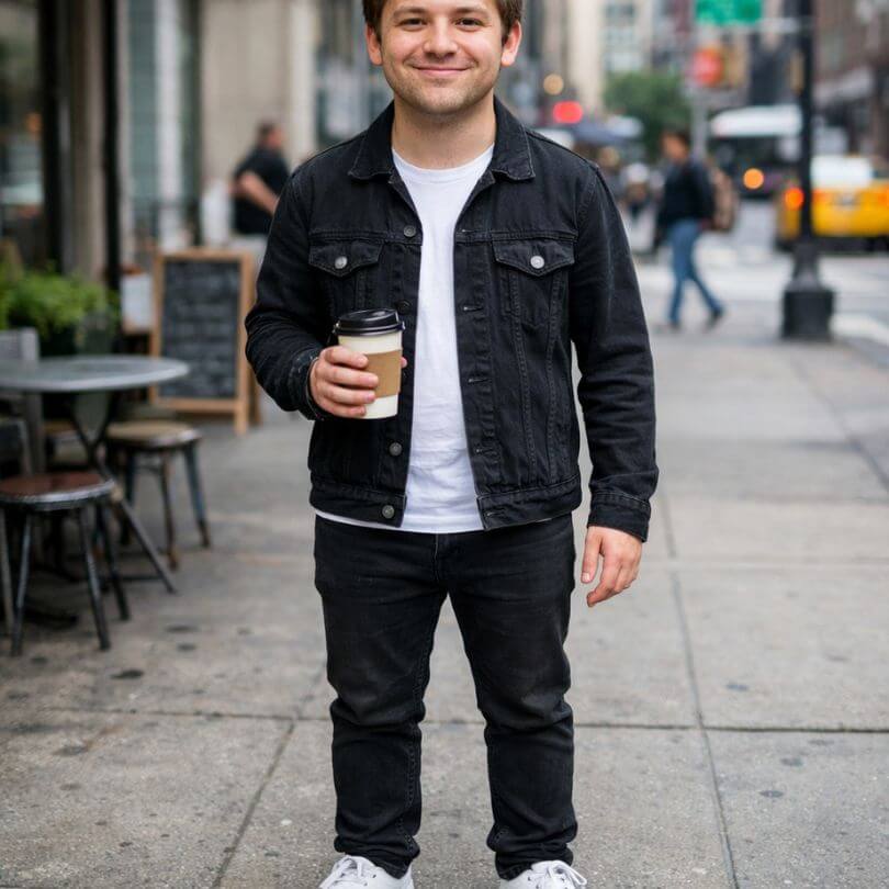 Junger Mann in schwarzer Jeansjacke mit Kaffeebecher auf städtischer Straße, unverhältnismäßig großer Kopf