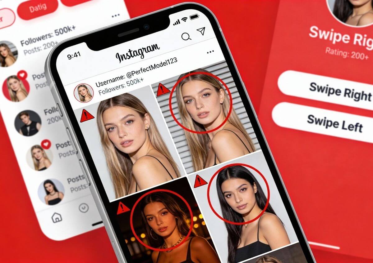 Smartphone zeigt Instagram-Profil mit KI-generierten Model-Fotos, rote Warnkreise markieren Fake-Profile auf Dating-Apps