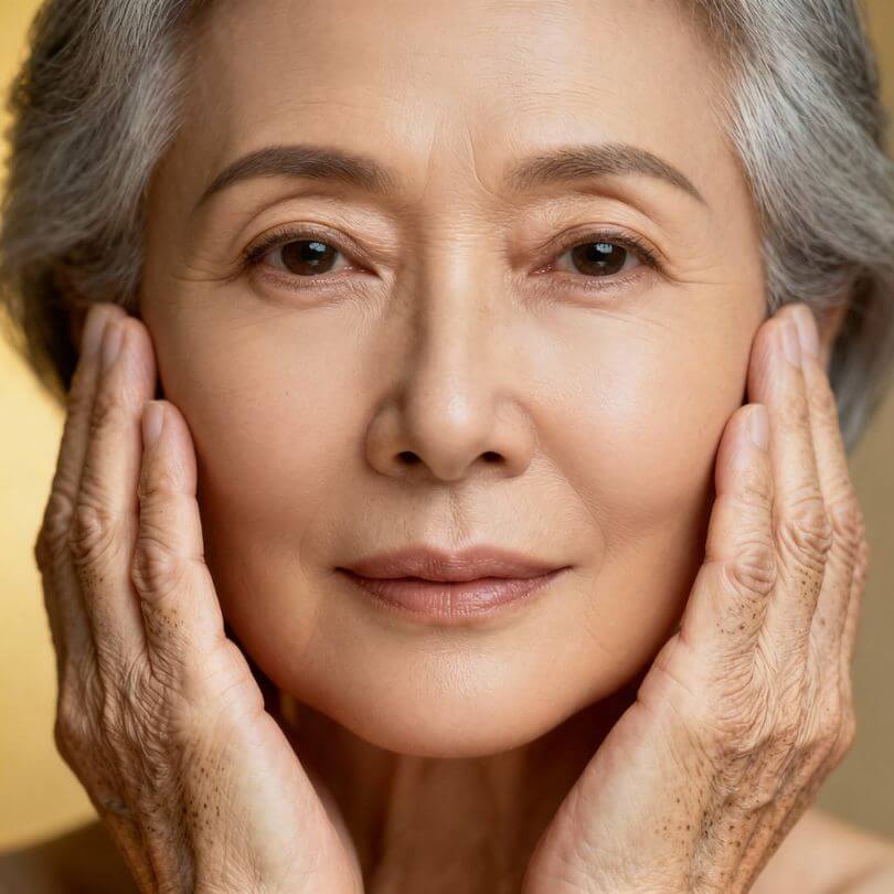 Ältere Frau mit grauem Haar hält Hände an Gesicht, makellos glatte Haut, aber Hände zeigen Altersflecken
