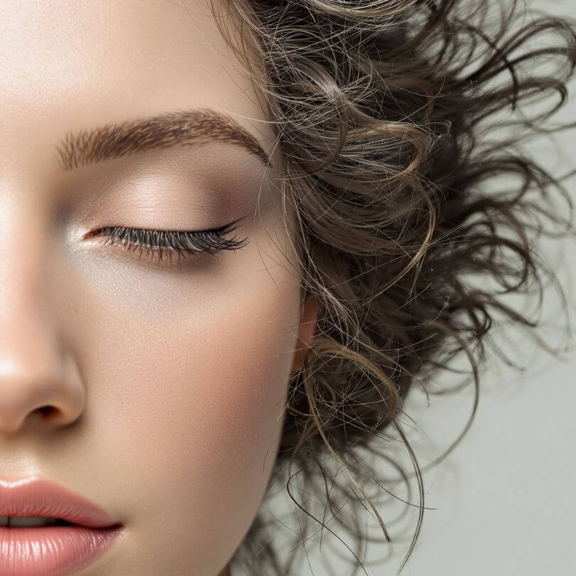 Seitliches Gesichtsportrait mit geschlossenen Augen, extrem glatte porzellanartige Haut, perfekte Augenbraue