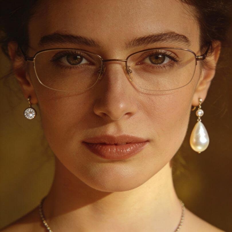 Nahaufnahme Frau mit goldener Brille und Perlenohrringen, asymmetrische Ohrringe, warmes Licht