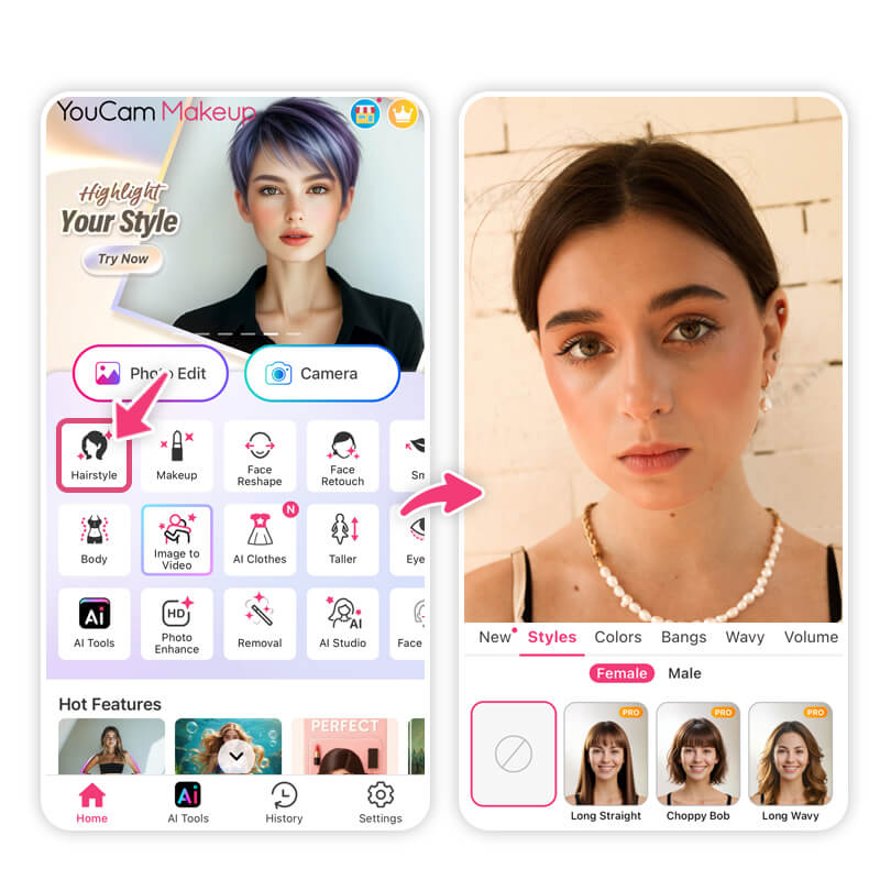 A ferramenta Penteado IA do aplicativo YouCam Makeup permite que você encontre o melhor corte de cabelo para rosto oval.