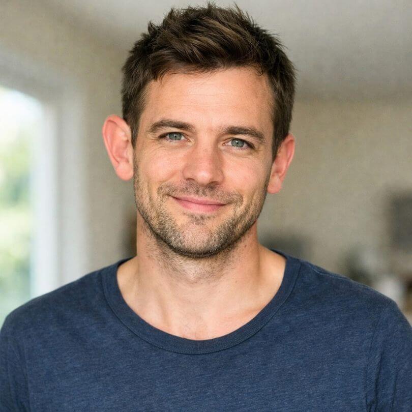 Mann mit braunem Haar und Bart in blauem Shirt, mit großem rechten Ohr, Innenraum-Hintergrund