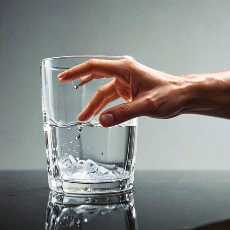 Hand greift nach Wasserglas, Finger berühren Glasoberfläche, verschwimmende Übergänge zwischen Haut und Glas