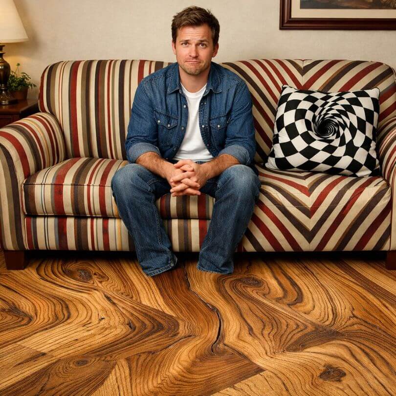 Mann sitzt auf gestreiftem Sofa mit kariertem Kissen, Muster wechseln plötzlich Richtung, Holzboden mit verzerrter Maserung