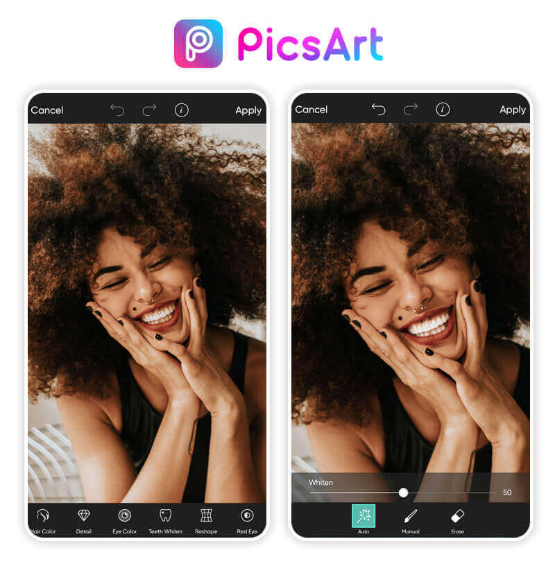 Ferramenta de embelezar do PicsArt com foco nos dentes.