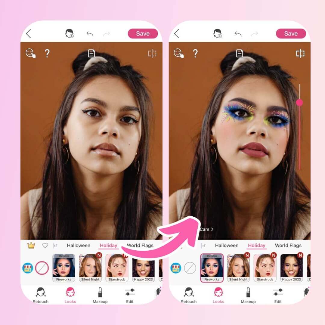 Karneval-Makeup-Idee: Rainbow-Look Vorher-Nachher Karneval-Look mit grün-blauem Augen-Makeup einer Frau