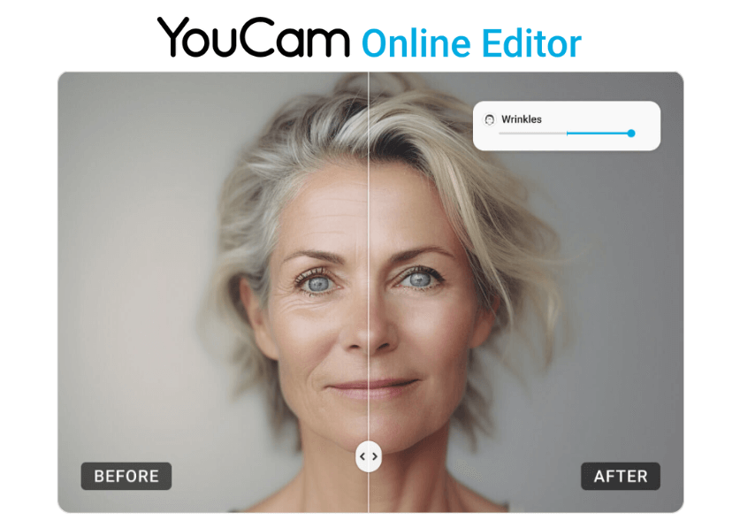 Interface do YouCam Editor Online para tirar rugas no navegador