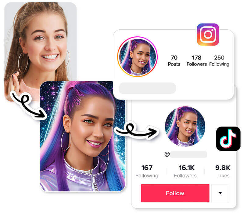 Selfie einer Frau wird zu einem bunten KI-Avatar umgewandelt und als Profilbild auf Instagram und TikTok gezeigt