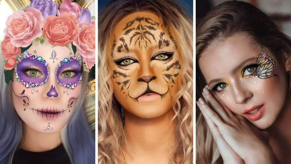 Drei Frauen mit Toten-Schädel-Blumen-Makeup, Tiger-Gesicht und Schmetterlings-Auge.