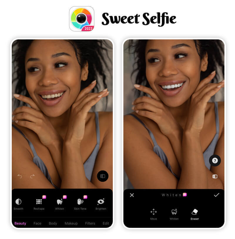 App Sweet Selfie mostrando opções de retoque facial.