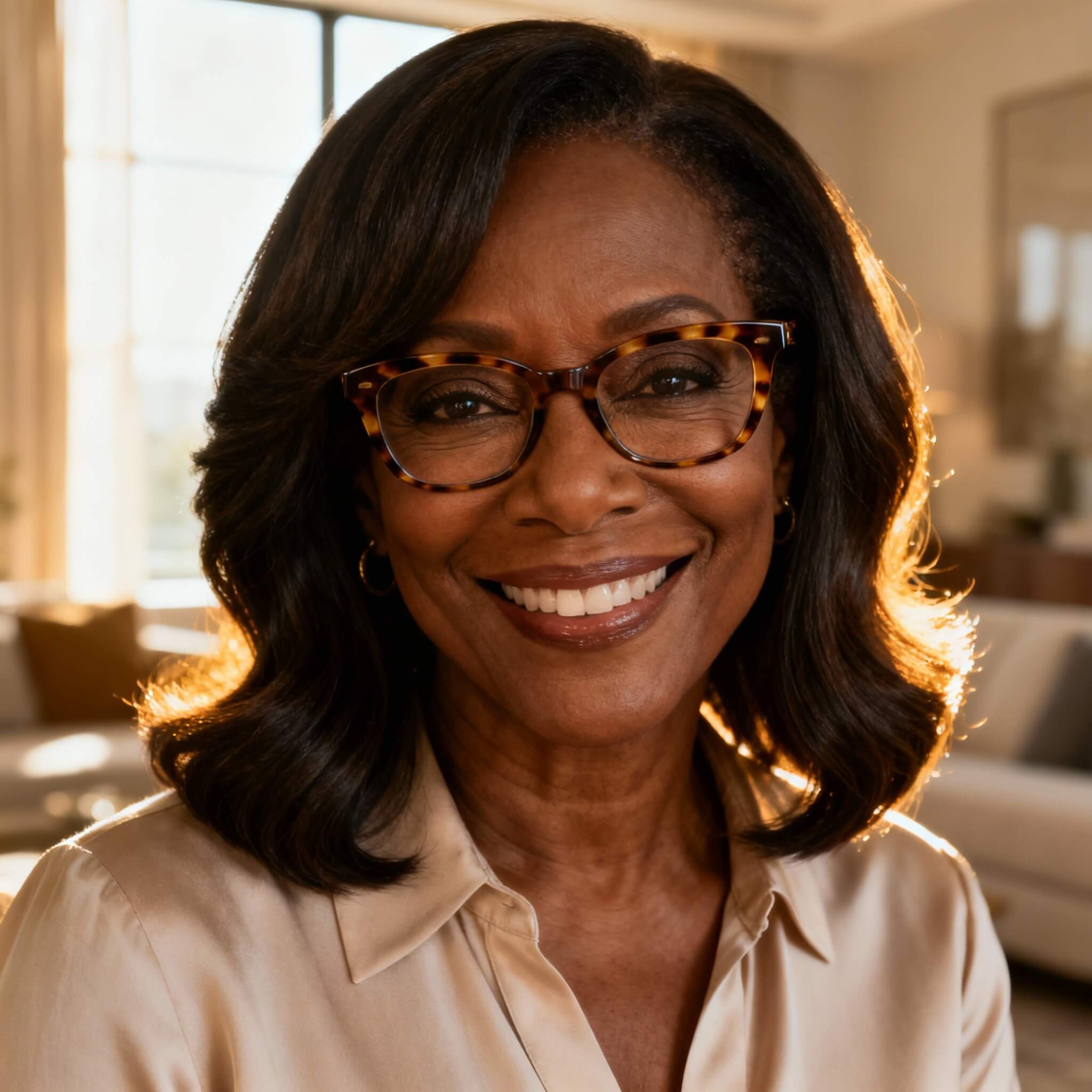 Elegante Frau ab 50 mit einem gestuften Long Bob und einer modernen Brille