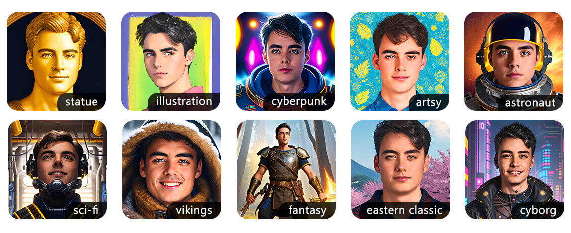 Zehn verschiedene KI-Avatar-Stile eines Mannes, darunter statue, cyberpunk, astronaut, vikings, sci-fi, fantasy und cartoon