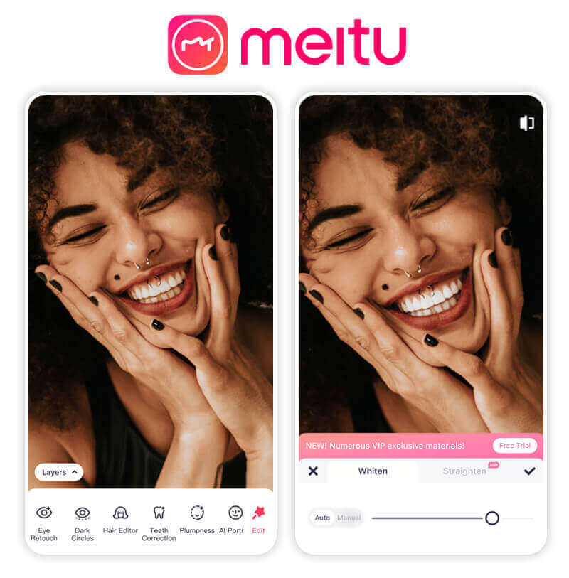 Interface do app Meitu com ferramentas de beleza.