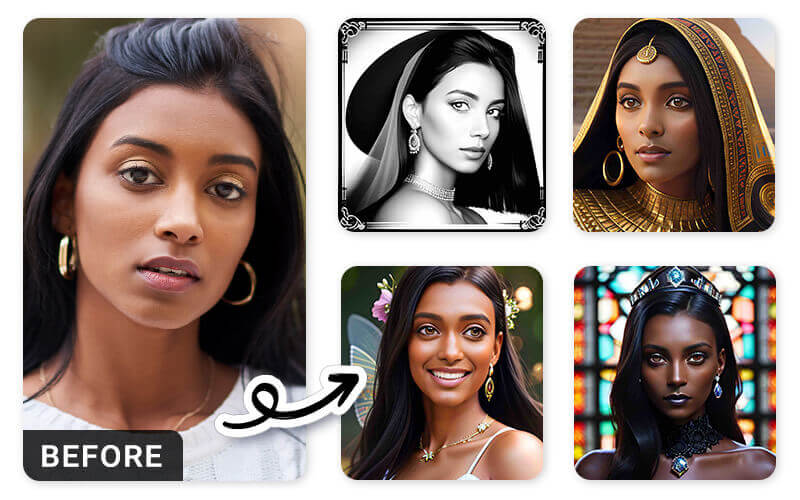 Originalfoto einer Frau links, daneben fünf KI-generierte Avatare mit künstlerischen Stilen, darunter ägyptisch, schwarz-weiß, Märchen und Gothic