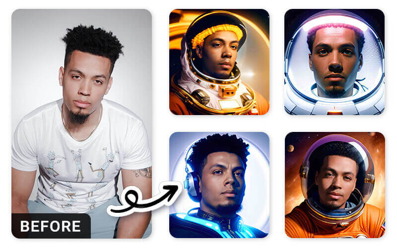 Originalfoto eines Mannes in weißem T-Shirt links, rechts daneben vier KI-generierte Avatare im Astronauten- und Sci-Fi-Stil