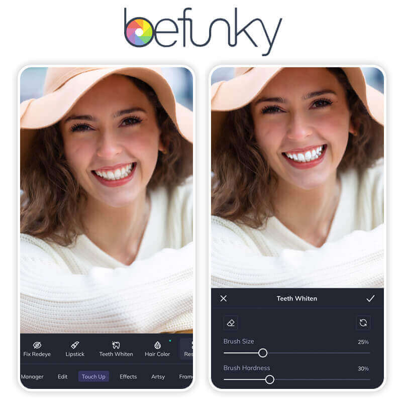 Editor BeFunky em ação clareando sorriso.