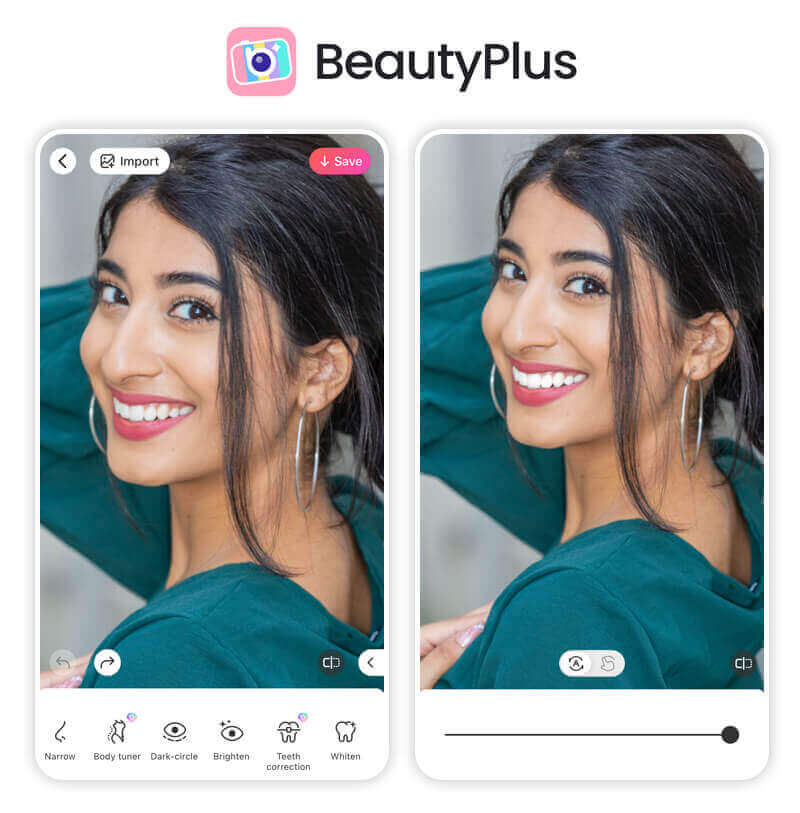 Edição de sorriso usando o aplicativo BeautyPlus.