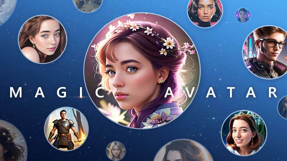 Porträt einer jungen Frau mit Blumen im Haar im Mittelpunkt, umgeben von verschiedenen KI-generierten Avataren in fantasievollen Stilen auf blauem Hintergrund mit dem Schriftzug "Magic Avatar"