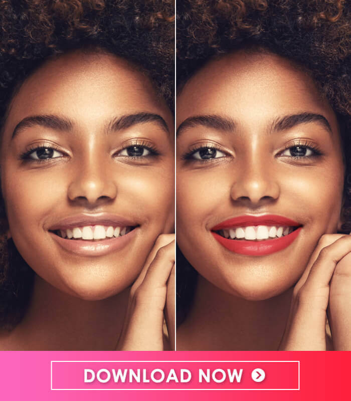 Antes e depois de mulher usando o app para adicionar batom e clarear o sorriso na foto.
