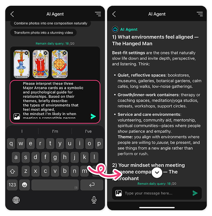 Type your question into tarot card reader and let AI interpret the card’s meaning.