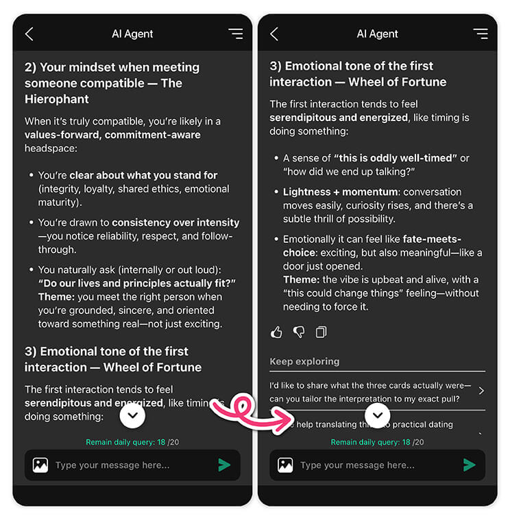 Follow up, clarify, or explore nuances with tarot card reader.