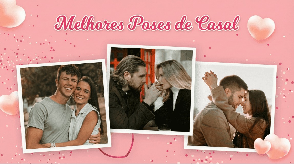 Colagem mostrando três exemplos de fotos de casal: sorrindo abraçados, olhando nos olhos em um café e pose romântica ao ar livre.