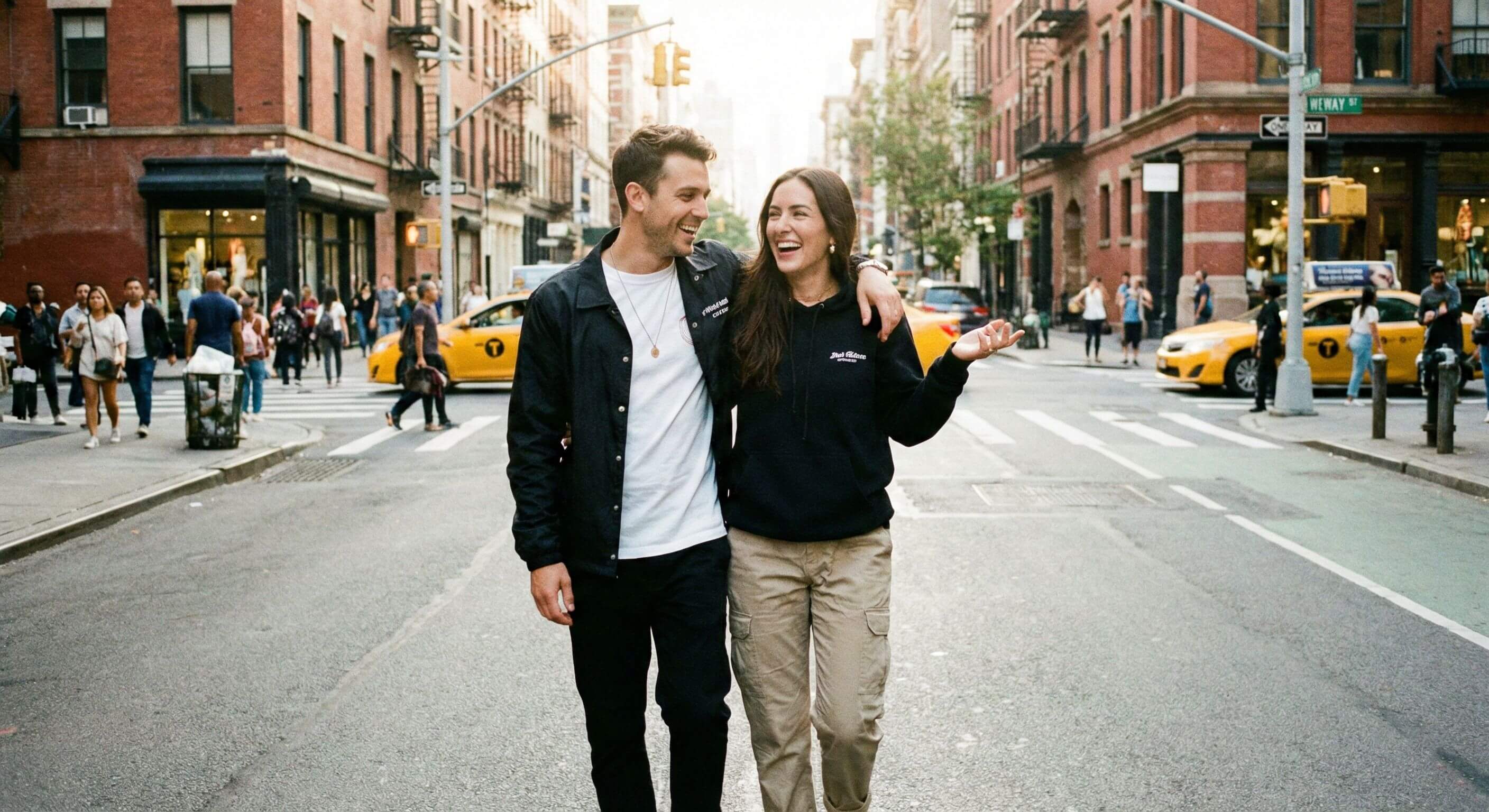 Casal caminhando na rua rindo espontaneamente, exemplo de pose casual e lifestyle para fotos urbanas e descontraídas.