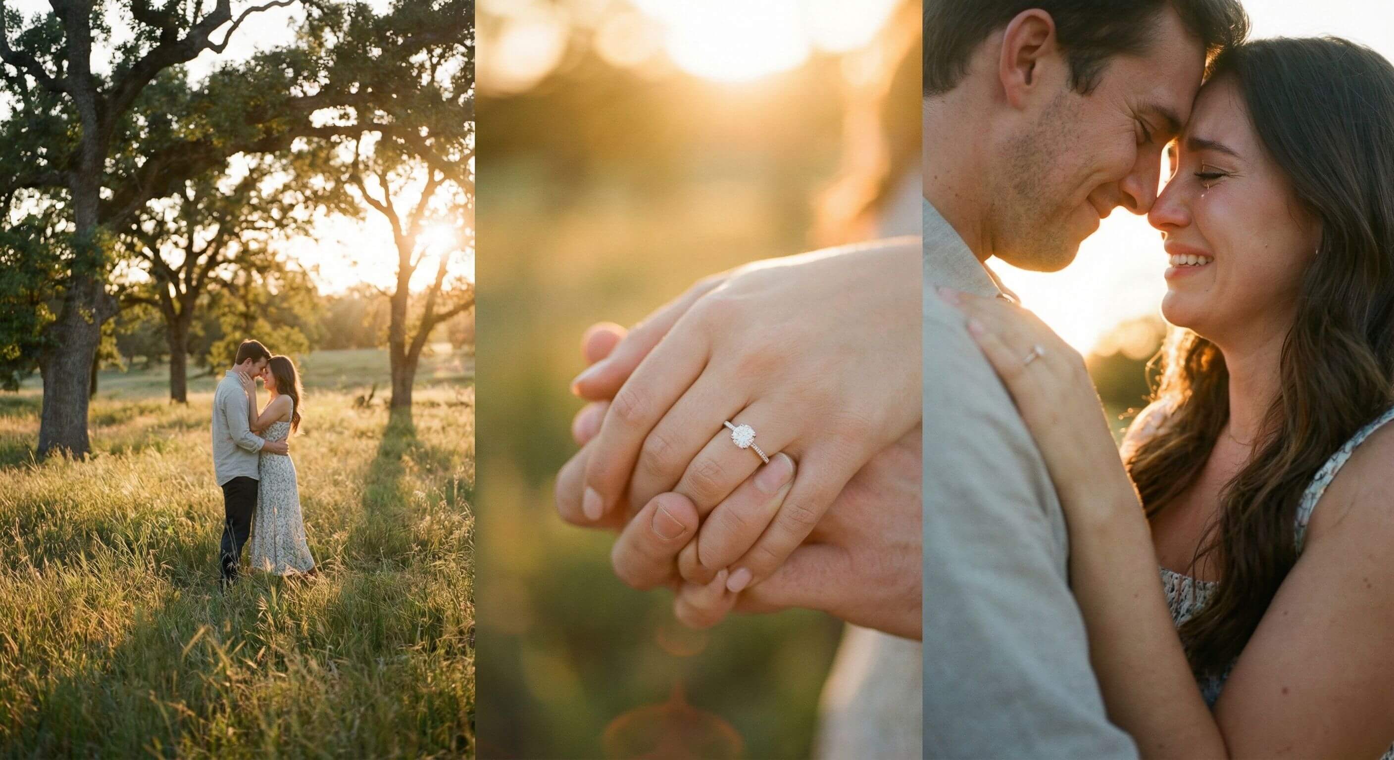 Colagem de ensaio pré-wedding no campo durante a golden hour, com destaque para o anel de noivado e pose romântica encostando as testas.