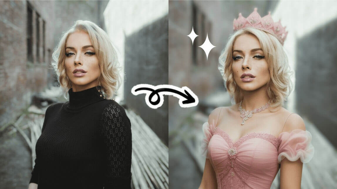 Vorher-Nachher-Bild einer Frau: Links in schwarzem Rollkragenpullover, rechts virtuell verwandelt in eine Prinzessin mit rosa Kleid, Krone und glitzernden Accessoires.