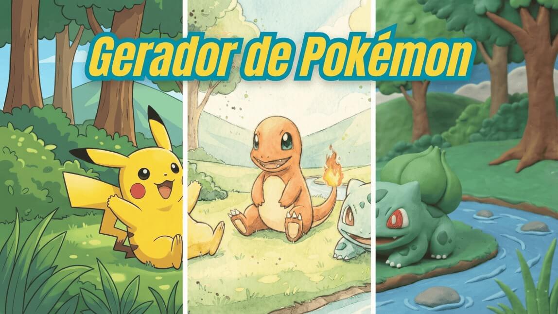 Banner mostrando Pikachu, Charmander e Bulbasaur em estilos anime, aquarela e 3D feitos com IA.