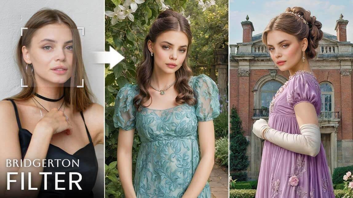 Comparação de antes e depois mostrando transformação de foto comum em personagem da Era da Regência usando o Filtro Bridgerton com inteligência artificial.