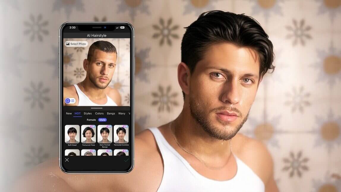 Homem segurando celular usando o app YouCam Perfect para simular corte de cabelo masculino curto com IA antes de ir à barbearia.