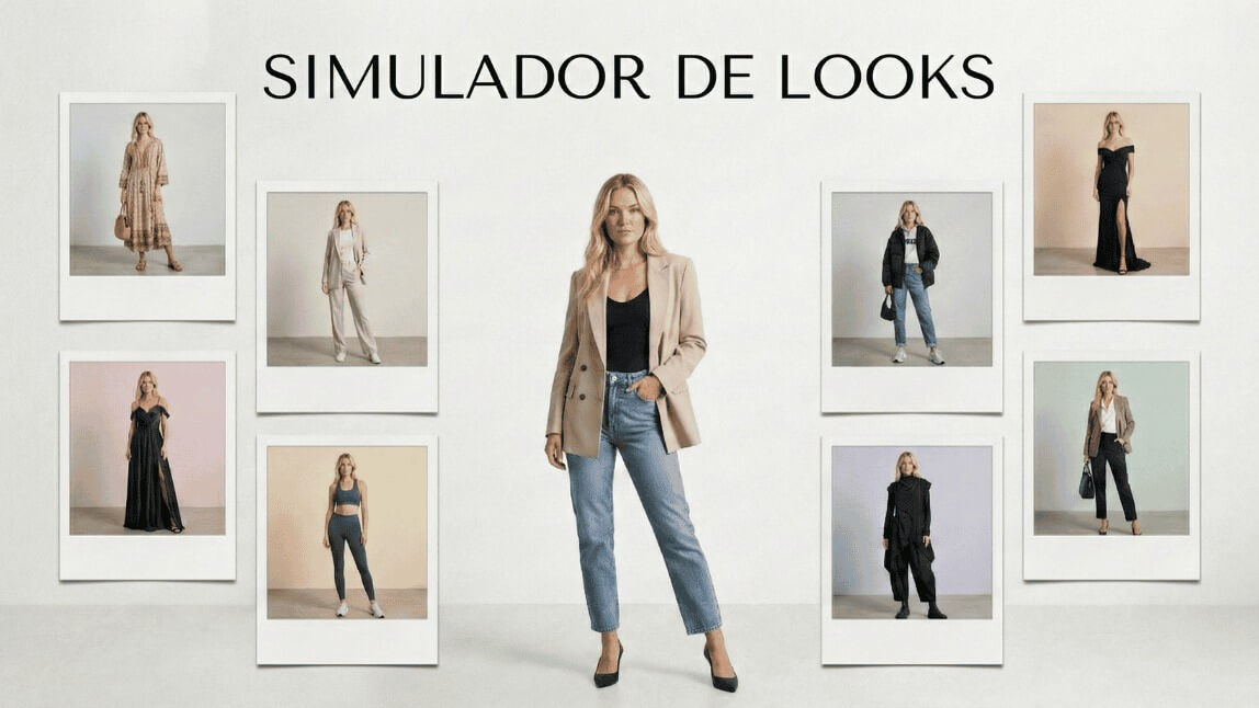 Banner demonstrativo do recurso de IA para roupas, mostrando uma mulher loira usando 9 estilos diferentes de outfits criados digitalmente.