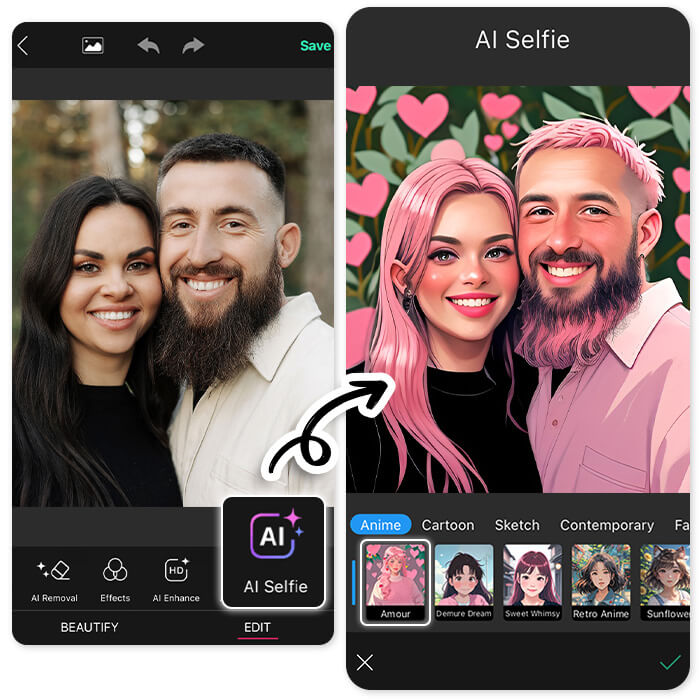 Use AI Selfie in YouCam Perfect to Make AI Couple Pics