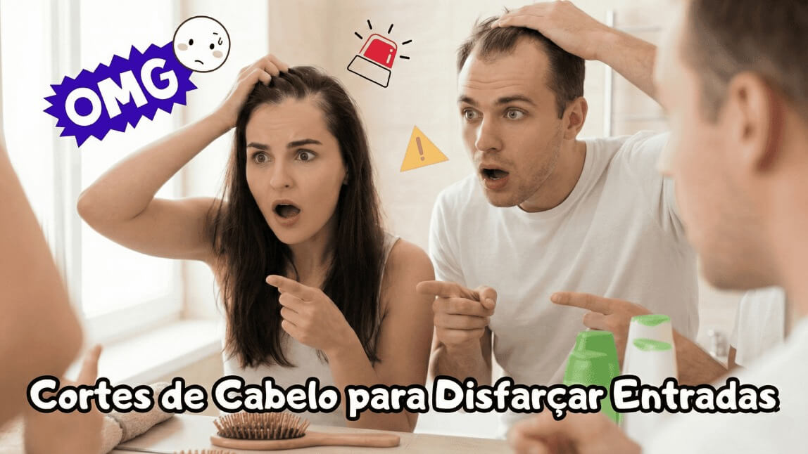 Casal surpreso olhando entradas no cabelo no espelho, capa do guia sobre melhores cortes para disfarçar calvície e falhas.