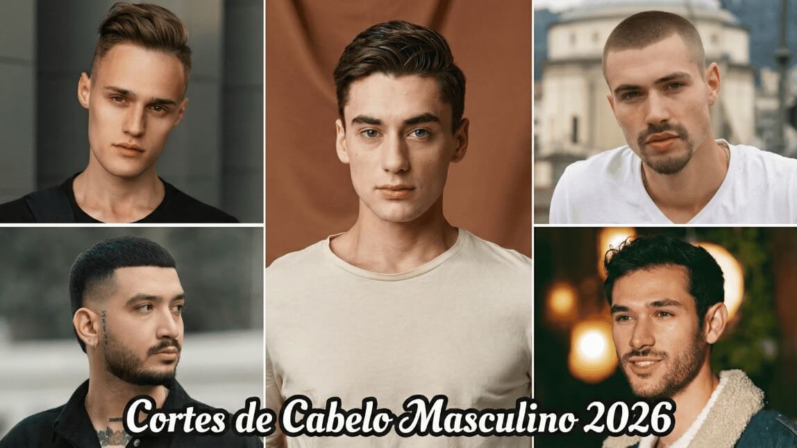 Colagem com 5 tendências de cortes de cabelo masculino curto liso para 2026: degradê, militar, side part e texturizado