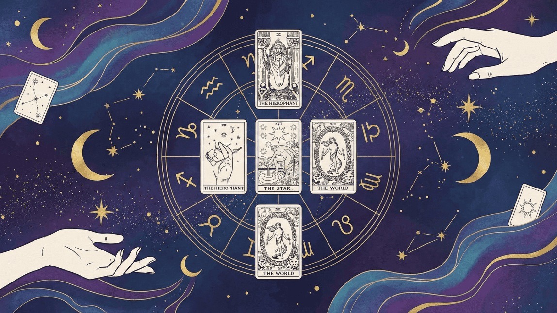 Ilustração mística com cartas de tarô O Hierofante, A Estrela e O Mundo dispostas sobre uma roda do zodíaco dourada em fundo azul cósmico.