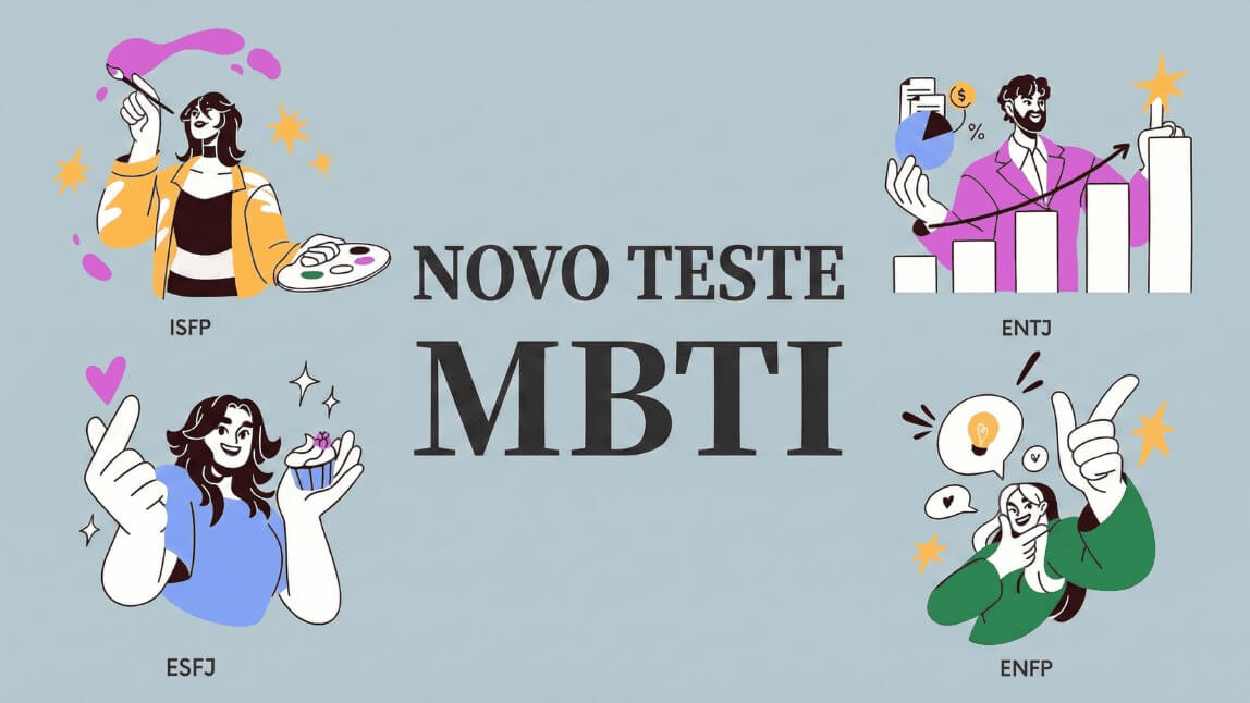 Ilustração do Novo Teste MBTI mostrando os tipos de personalidade ISFP, ENTJ, ESFJ e ENFP com seus hobbies e características.