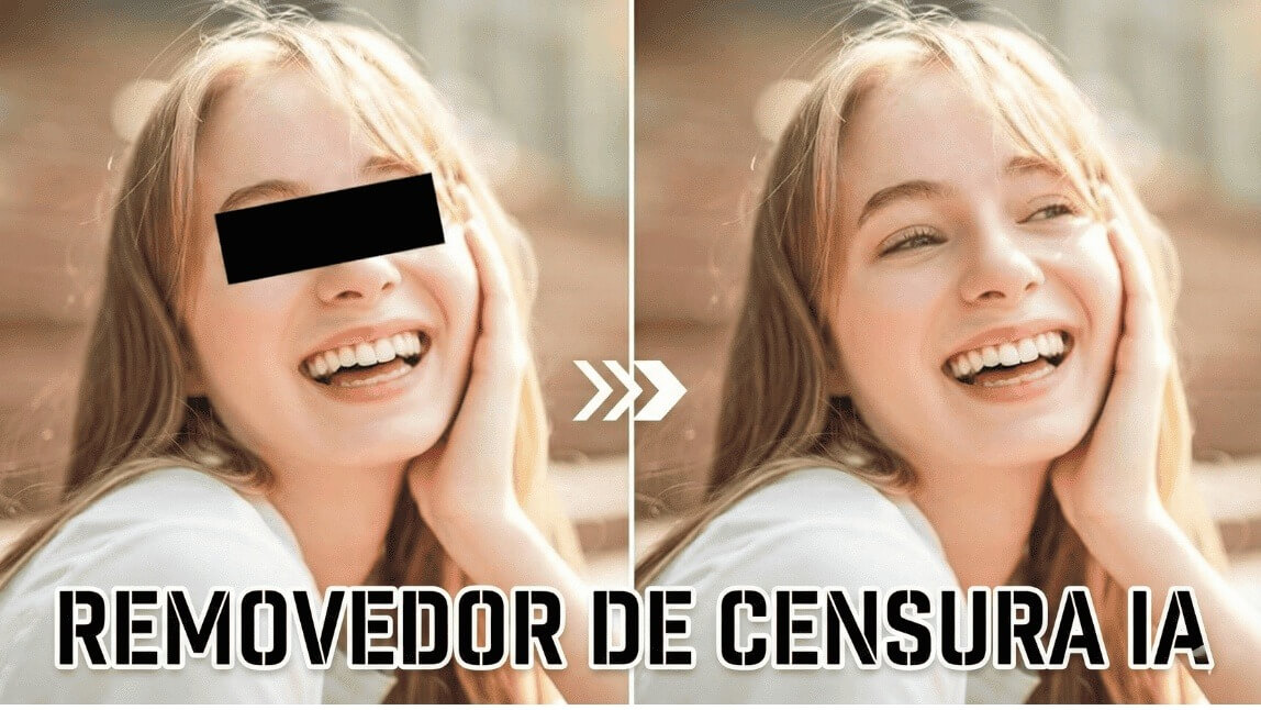 Antes e depois mostrando como a IA que tira censura remove tarjas pretas de fotos online para restaurar o rosto original com perfeição.