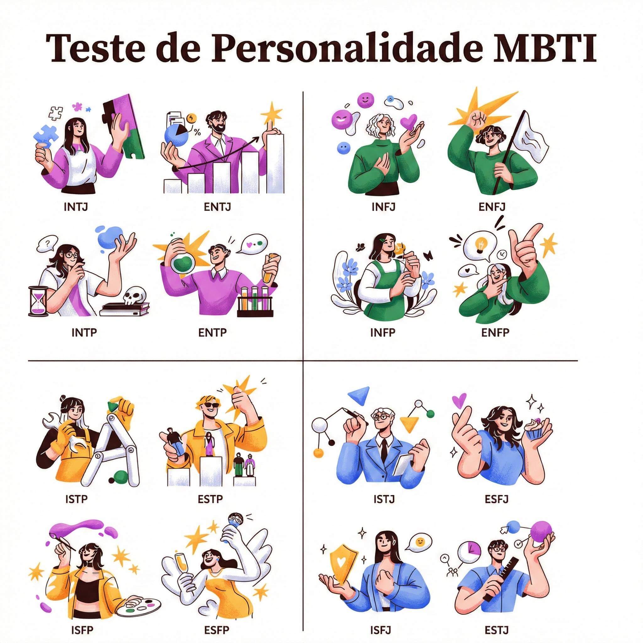 Gráfico ilustrativo mostrando a diversidade das 64 personalidades do novo teste MBTI