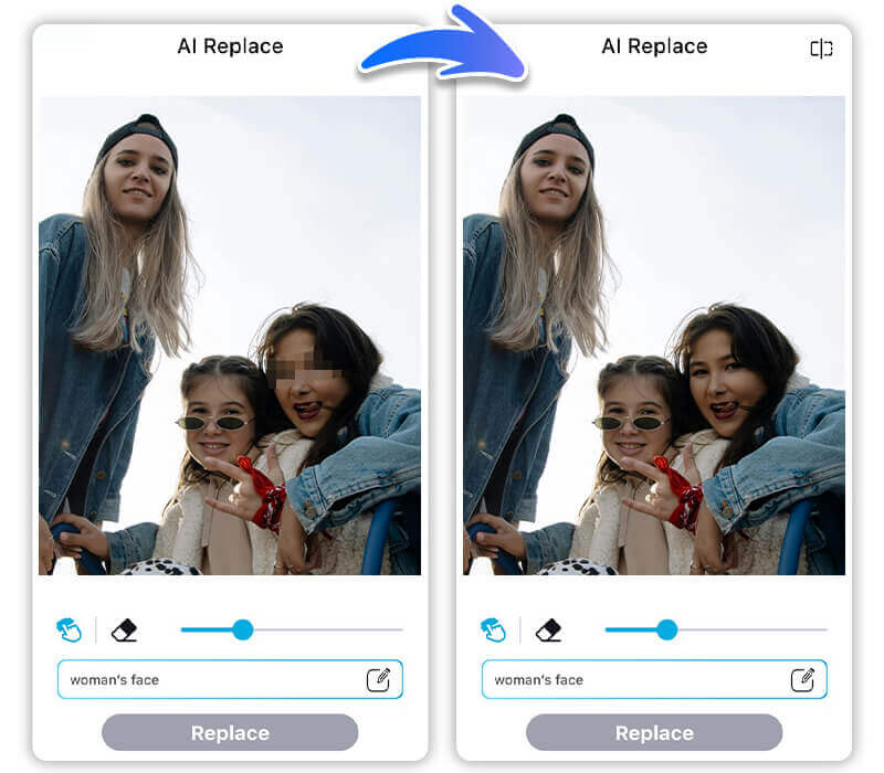 Restauração de rosto com IA para remover censura Comparativo de foto com censura e foto com restauração facial IA realista.
