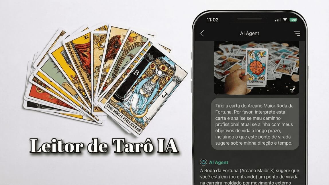 Leque de cartas de tarô ao lado de um iPhone exibindo o Leitor de Tarô com IA do YouCam Perfect analisando a carta Roda da Fortuna.